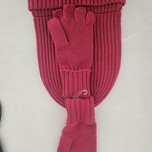 AQUA cuff knot hat and fingerless gloves; pink
